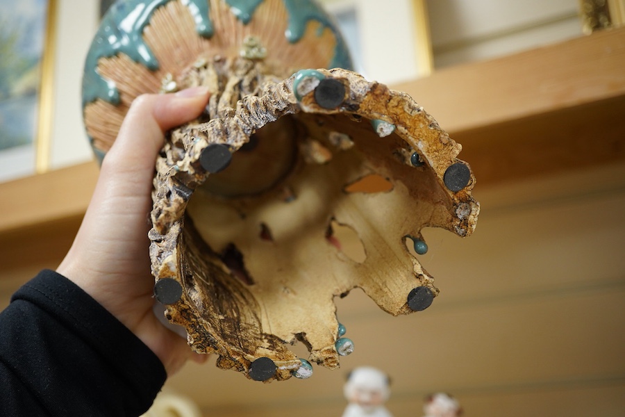 A Chinese Shiwan pottery pod shaped 'frog' vase - 32cm high including stand and a biscuit buffalo group (2)